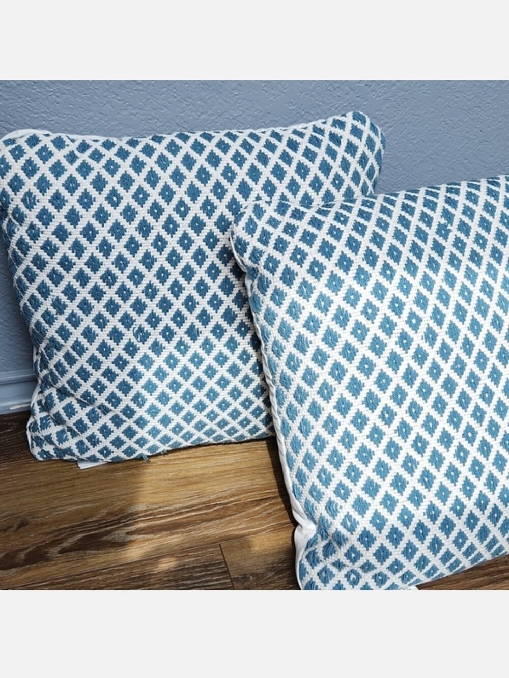 2 At Home Blue Cream Off White Bohemian Diamond Knitted Pillows